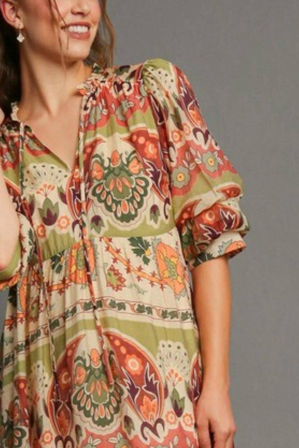 Umgee Full Size Tiered Border Print Midi Dress Plus Size - Clothes For Her Online Store