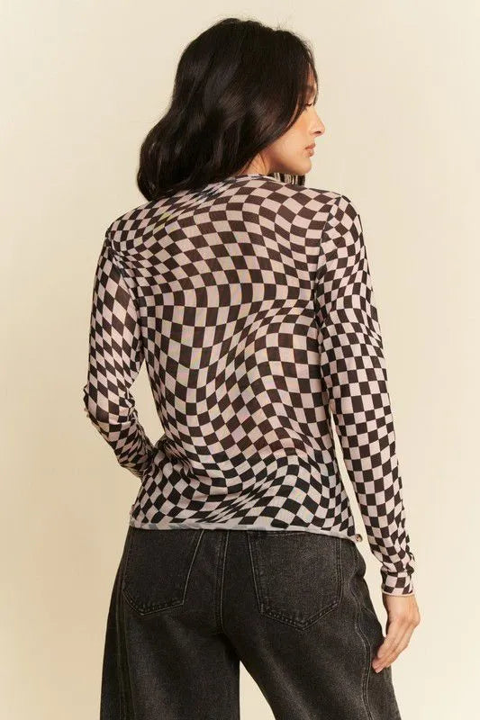 Davi & Dani Checker Board Mesh Long Sleeve Layering Top