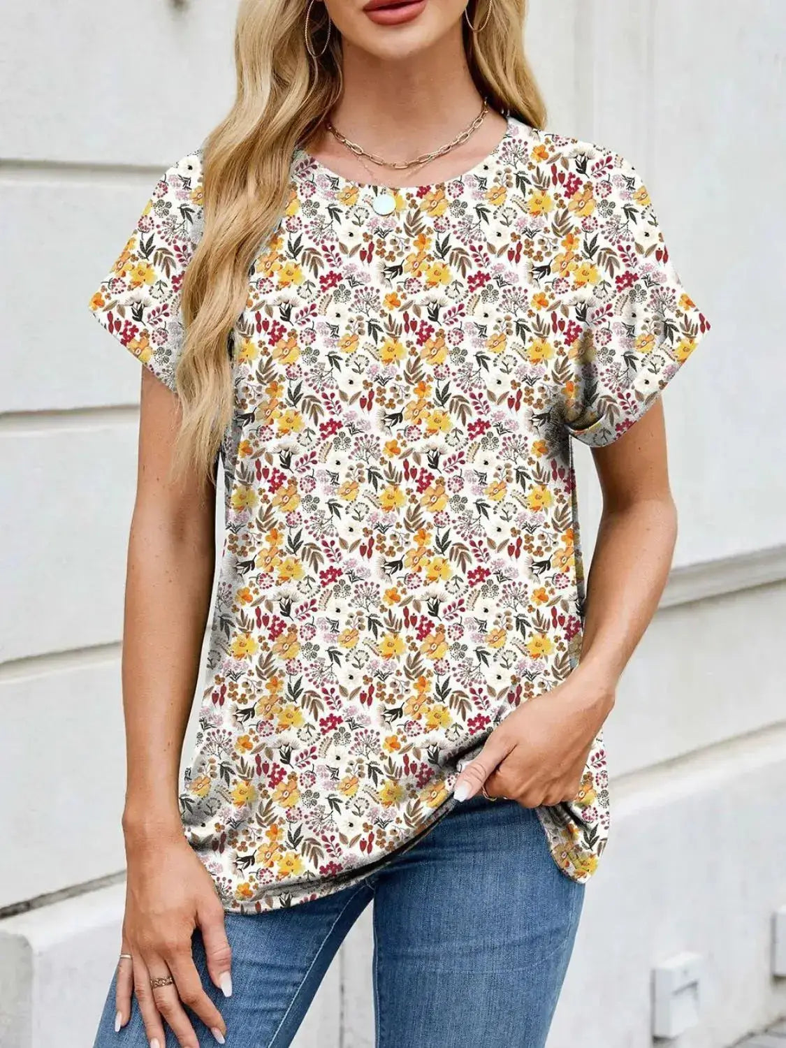 Printed Round Neck Short Sleeve Top - Clothes For Her Online Store