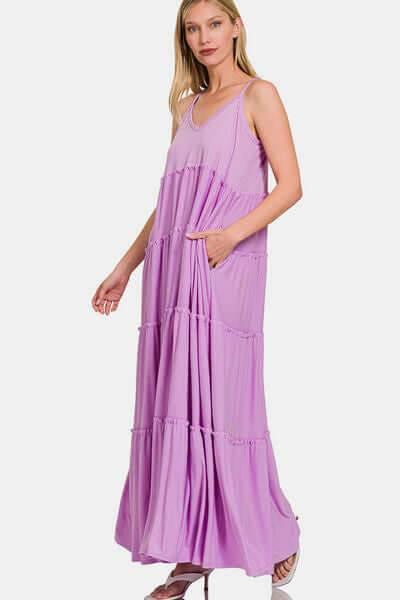 Zenana Frill Tiered V-Neck Maxi Cami Dress - Clothes For Her Online Store