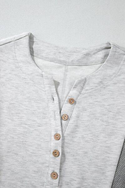 Two Tone Contrast Waffle Knit Patched Buttoned V Neck Top - Clothes For Her Online Store