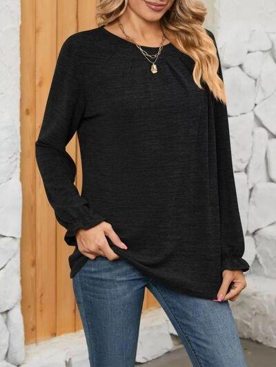 Ruched Round Neck Long Sleeve T-Shirt - Clothes For Her Online Store