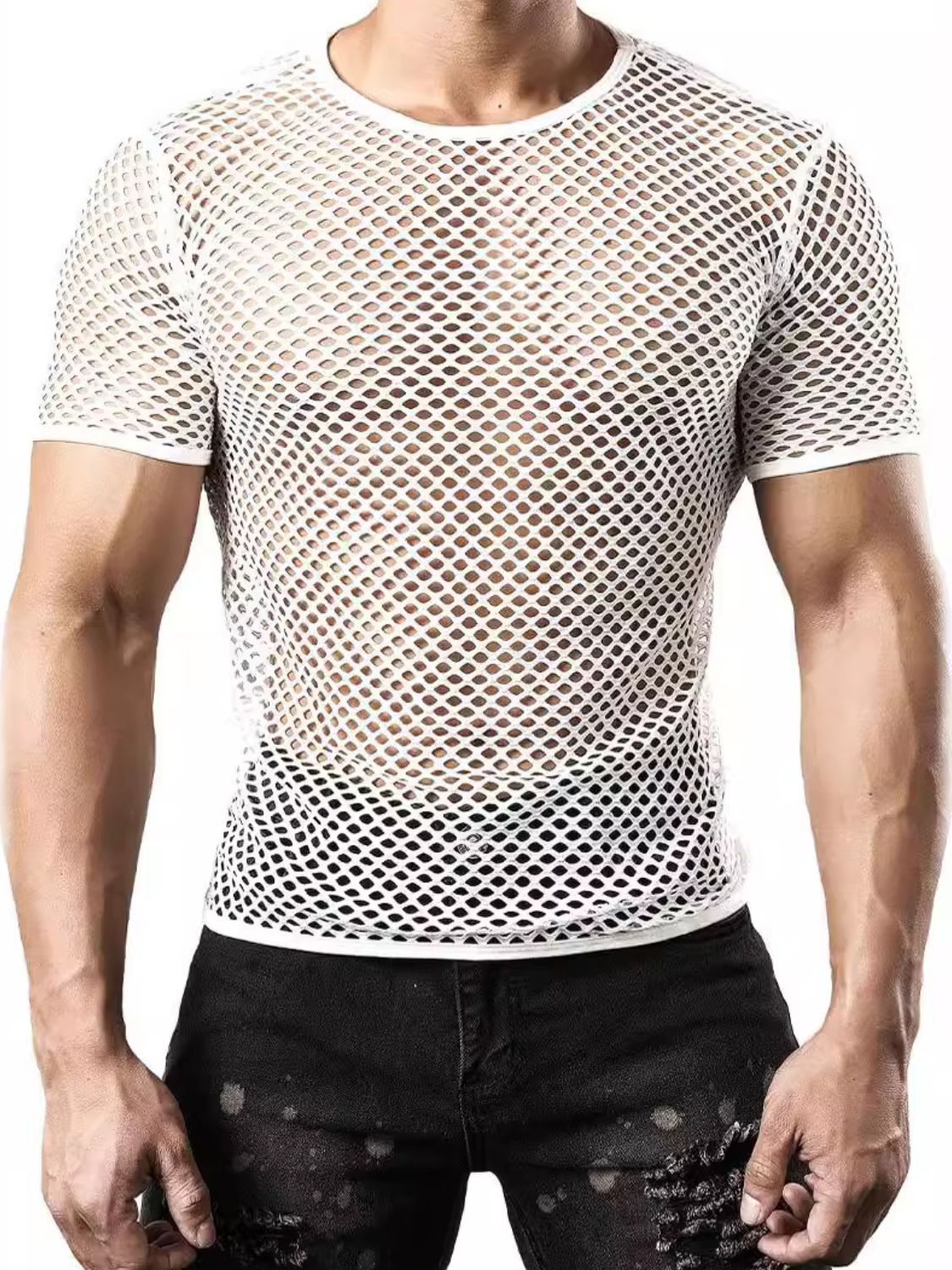 Men's Hollow Out Round Neck Short Sleeve Top - Clothes For Her Online Store