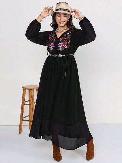 Plus Size Embroidered Tie Neck Long Sleeve Dress - Clothes For Her Online Store