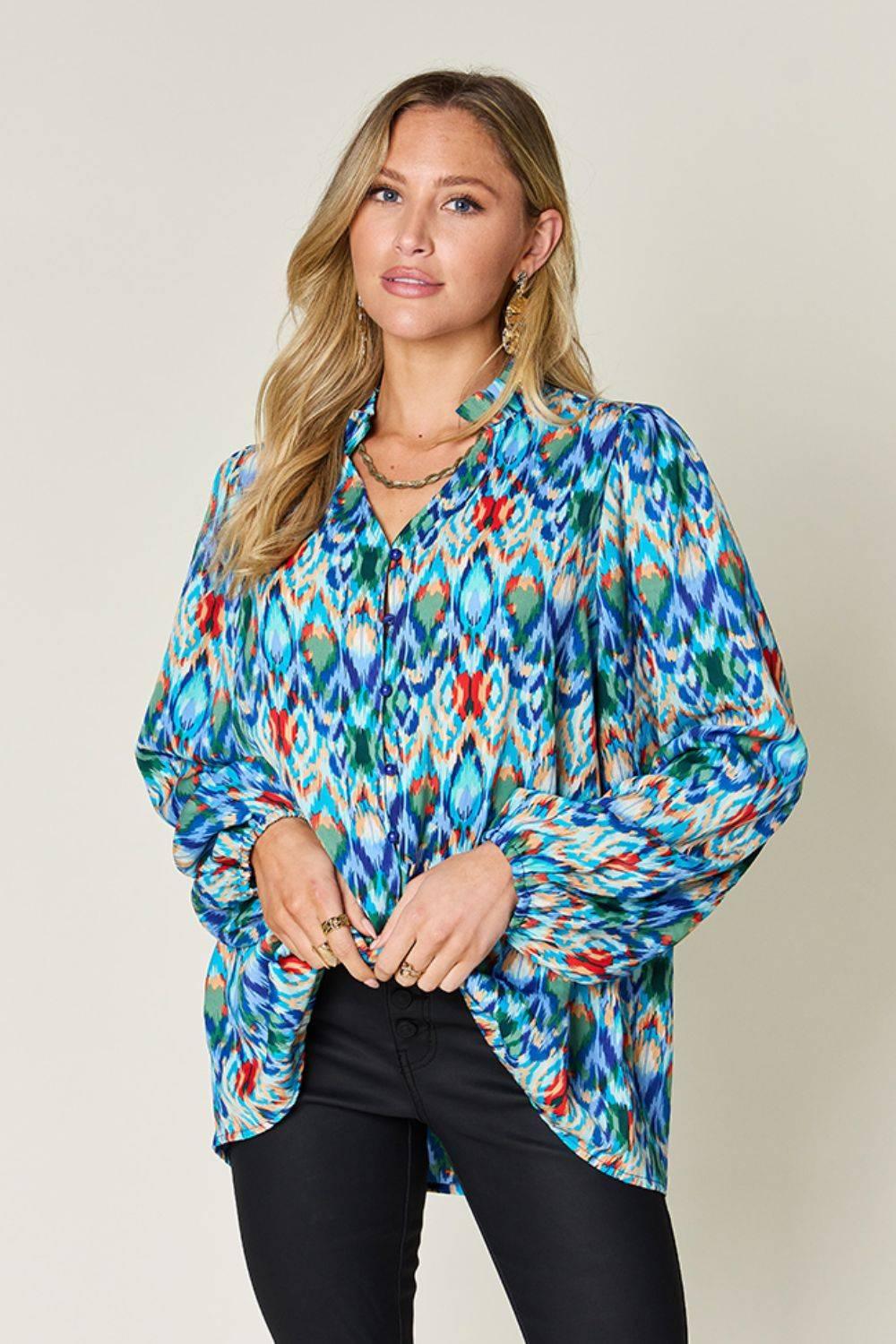 Double Take Full Size Printed Balloon Sleeve Blouse - Clothes For Her Online Store