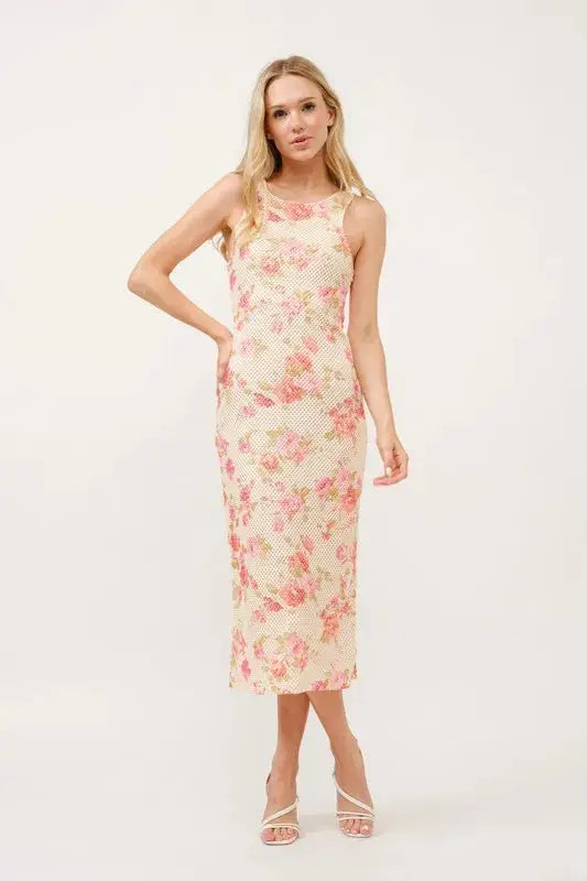 And The Why Floral Fishnet Bodycon Midi Dress - Clothes For Her Online Store