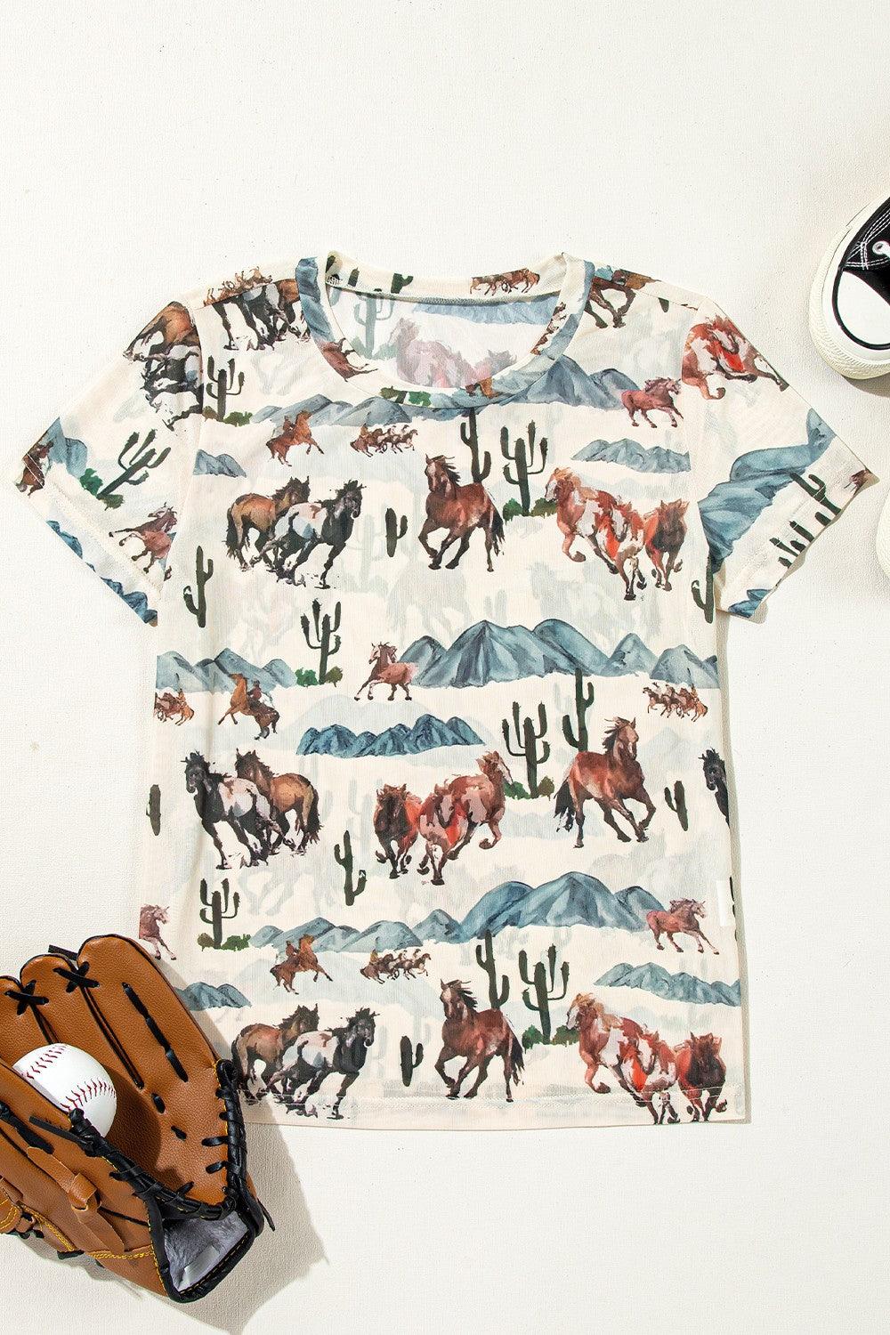 Western Fashion Mustang River Printed Mesh T Shirt - Clothes For Her Online Store