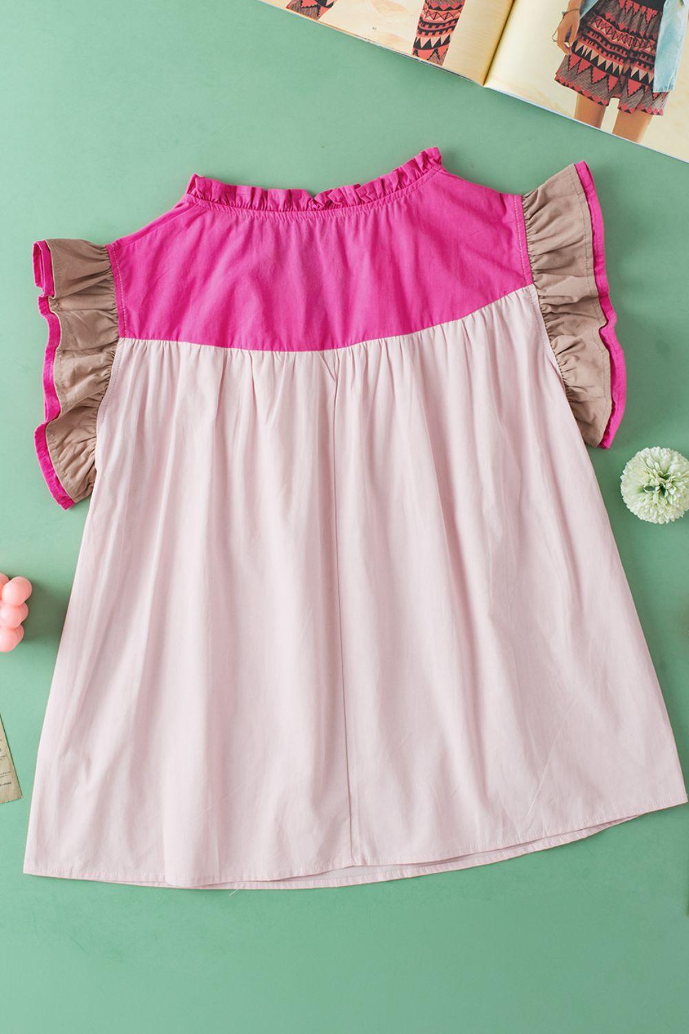 Color Block Notched Ruffled Cap Sleeve Blouse - Clothes For Her Online Store