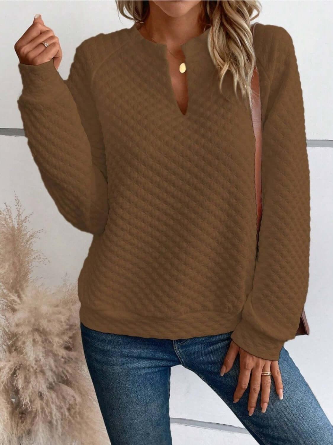 Notched Long Sleeve Sweatshirt - Clothes For Her Online Store