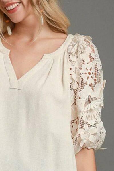 Umgee Full Size French Terry Boxy Cut Top with 3D Floral Sleeve Plus Size - Clothes For Her Online Store