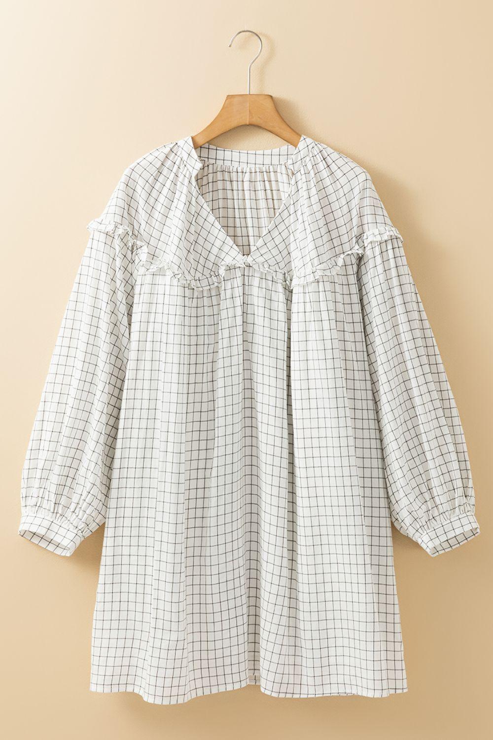 Frill Plaid Notched Balloon Sleeve Mini Dress - Clothes For Her Online Store