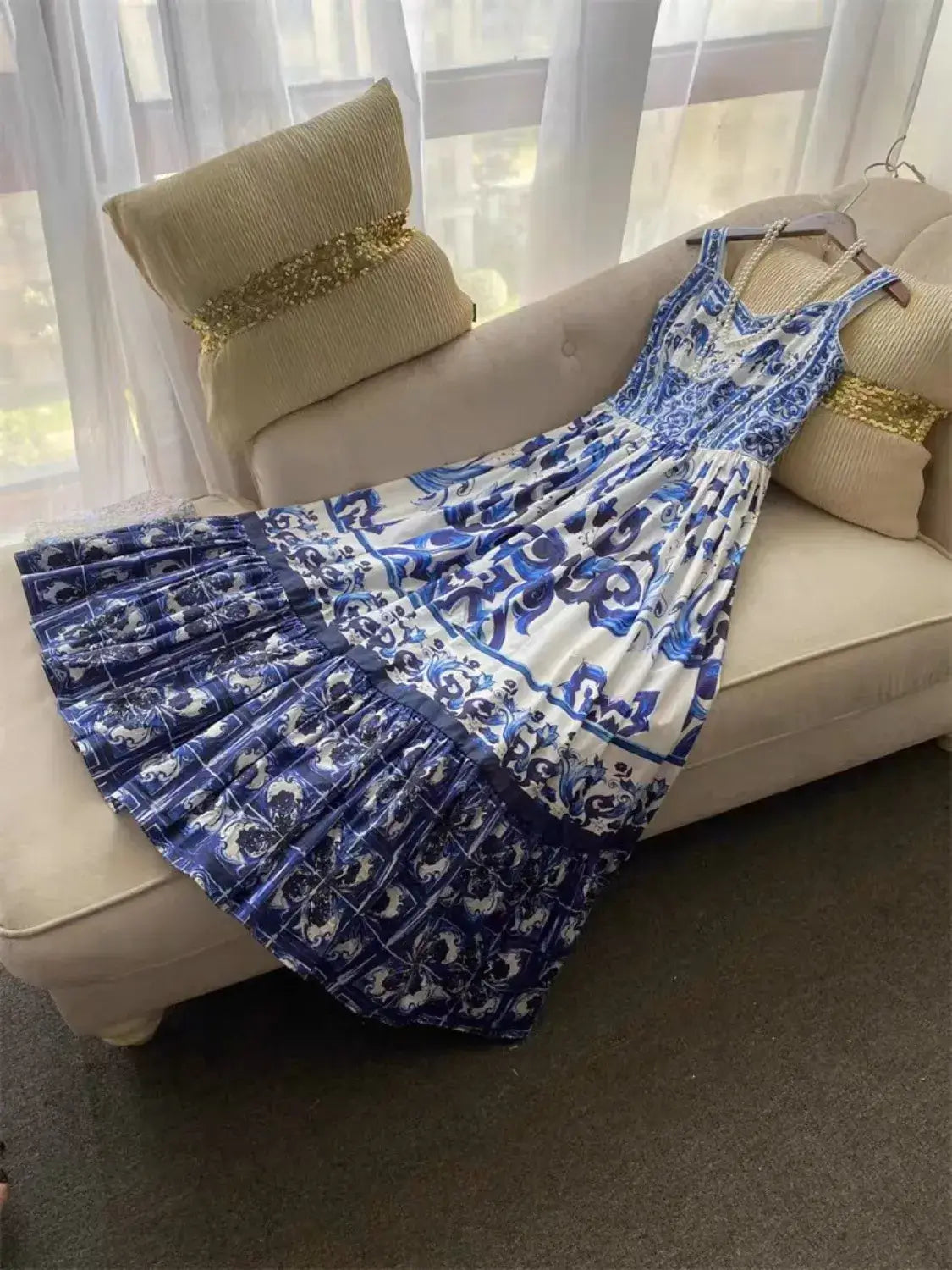 Smocked Printed Wide Strap Dress