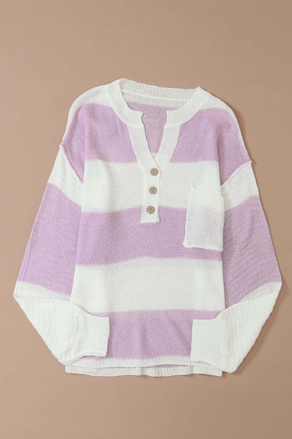 Striped Half Button Ribbed Sweater - Clothes For Her Online Store
