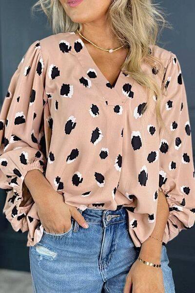 Contrast Animal Print V-Neck Long Sleeve Blouse - Clothes For Her Online Store