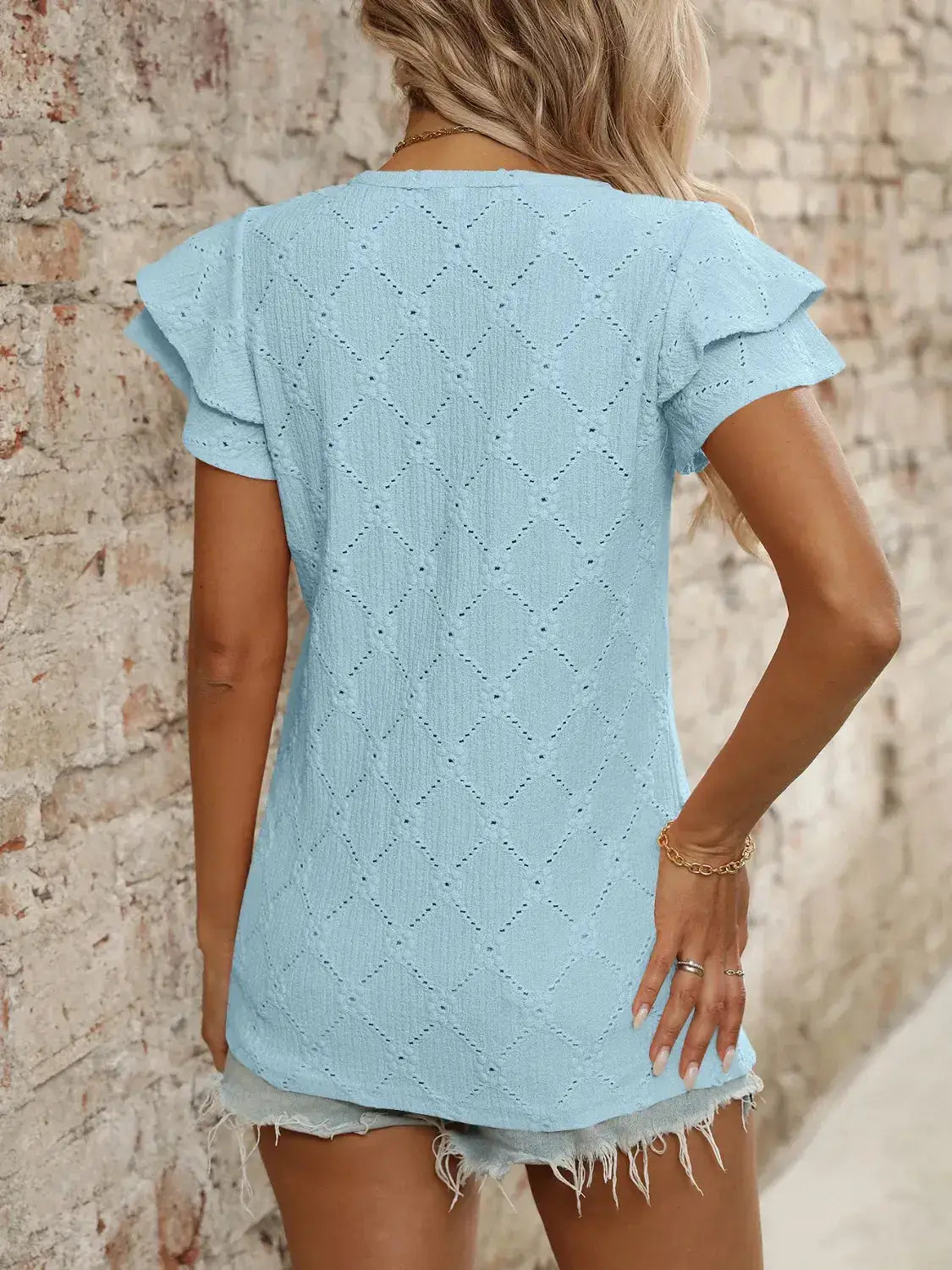 Eyelet V-Neck Ruffled Cap Sleeve Top - Clothes For Her Online Store