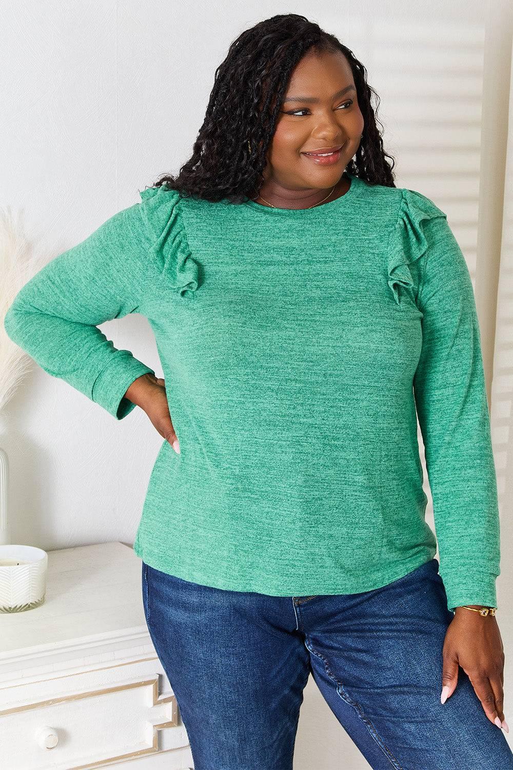 Double Take Ruffle Shoulder Long Sleeve T-Shirt - Clothes For Her Online Store