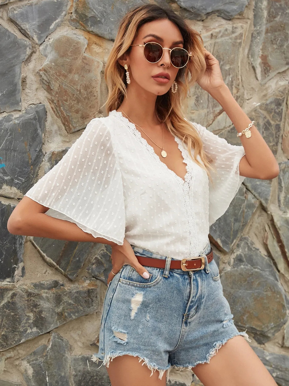 Lace Detail V-Neck Siwss Dot Blouse