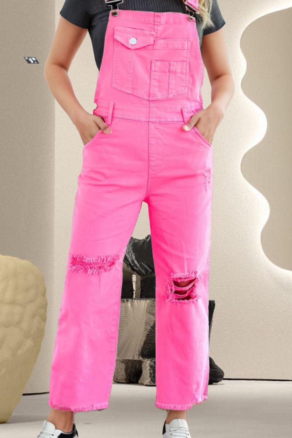 Distressed Pocketed Wide Strap Denim Overalls - Clothes For Her Online Store
