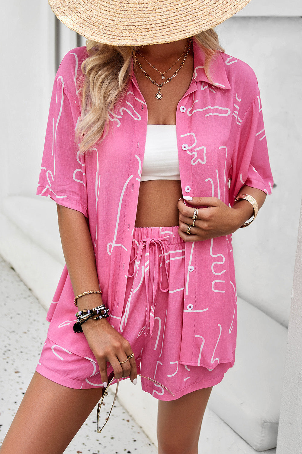 Devine Printed Button Up Shirt and Shorts Set - Clothes For Her Online Store