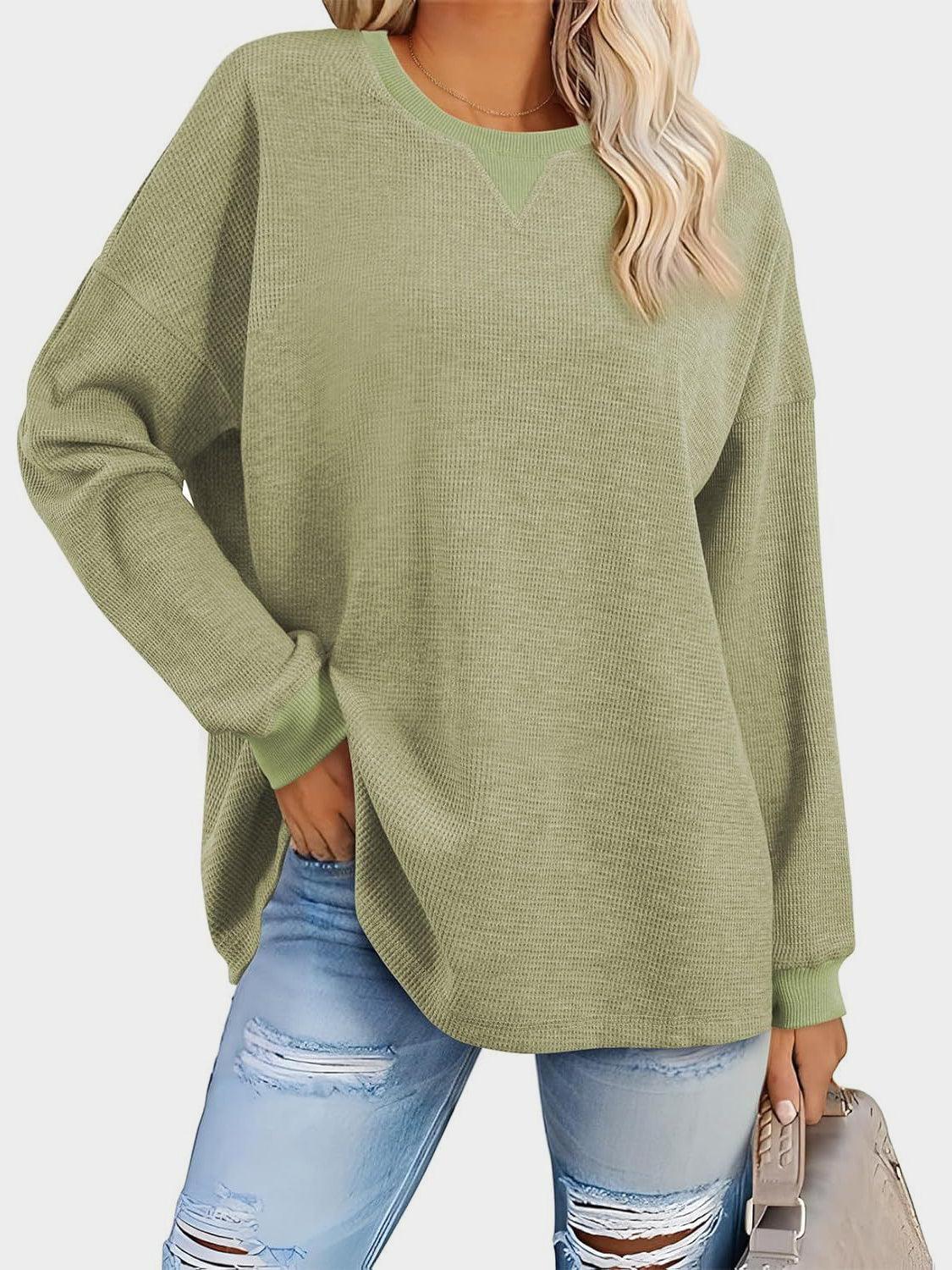 Waffle Knit Round Neck Long Sleeve T-Shirt - Clothes For Her Online Store