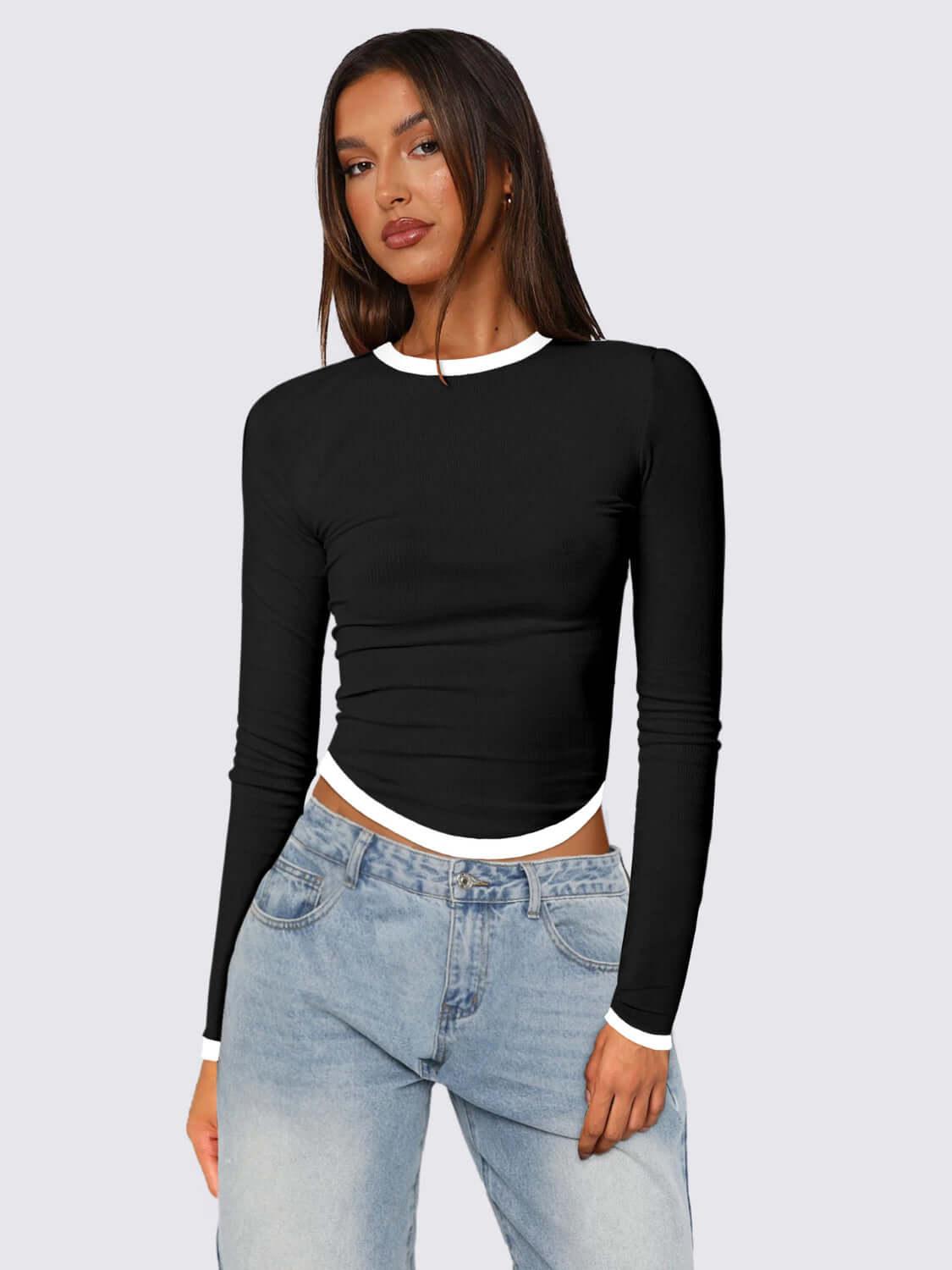 Contrast Trim Round Neck Long Sleeve T-Shirt - Clothes For Her Online Store
