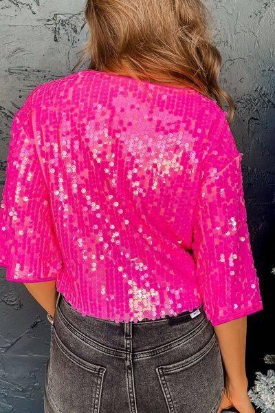 Sequin Round Neck Half Sleeve Blouse - Clothes For Her Online Store
