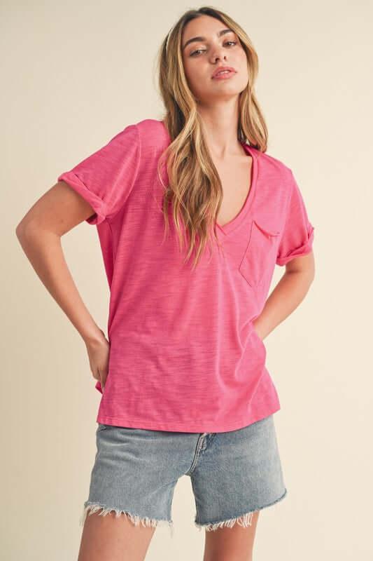Aemi + Co Side Slit V-Neck Short Rolled Sleeve T-Shirt - Clothes For Her Online Store