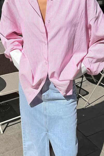 Striped Collared Neck Long Sleeve Shirt - Clothes For Her Online Store