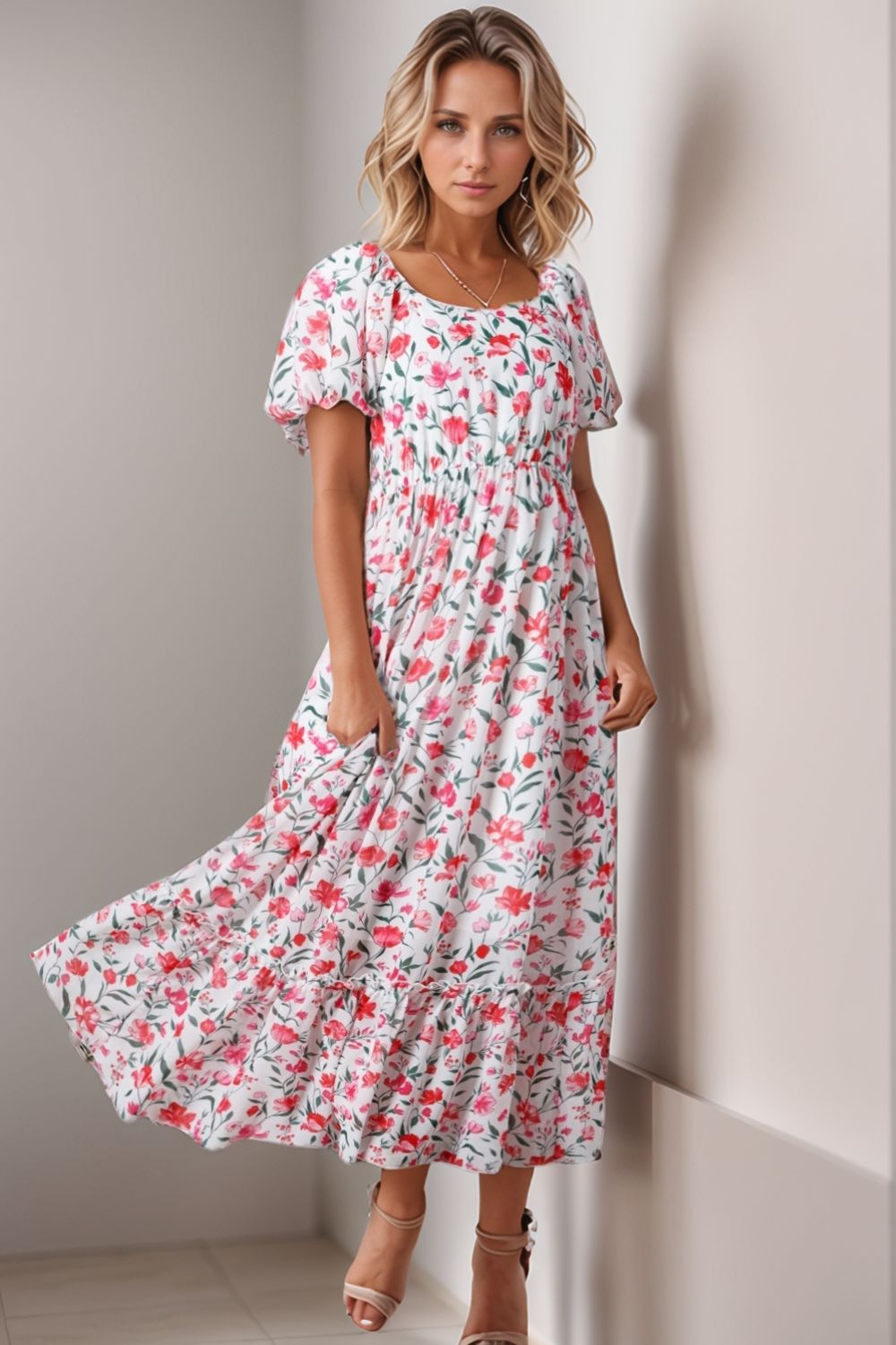 Floral Short Puff Sleeve Tiered Dress - Clothes For Her Online Store