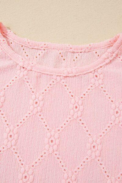 Flower Geometric Textured Short Sleeve Top - Clothes For Her Online Store