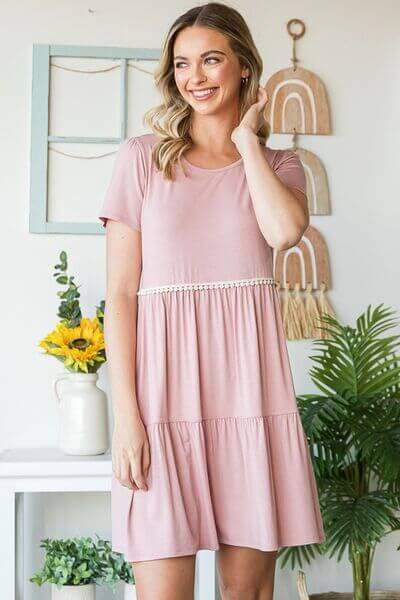 Heimish Full Size Solid Mini Tiered Dress with Pompom Lace Plus Size - Clothes For Her Online Store