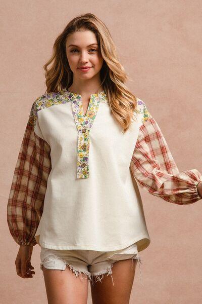 BiBi Floral Notched Plaid Balloon Sleeve Top - Clothes For Her Online Store