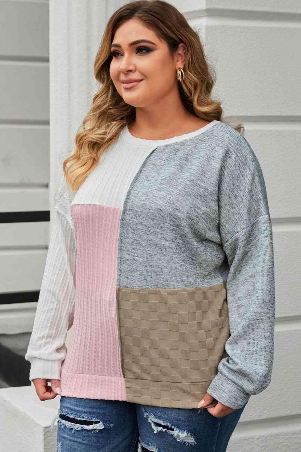 Plus Size Long Sleeve Color Block Top - Clothes For Her Online Store