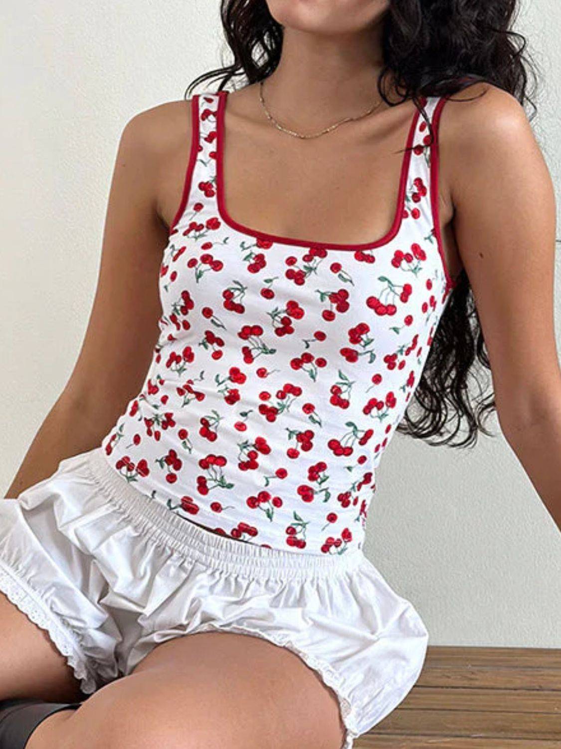 Cherry Print Square Neck Tank - Clothes For Her Online Store