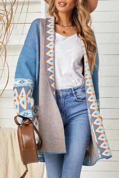 Geometric Open Front Long Sleeve Cardigan - Clothes For Her Online Store