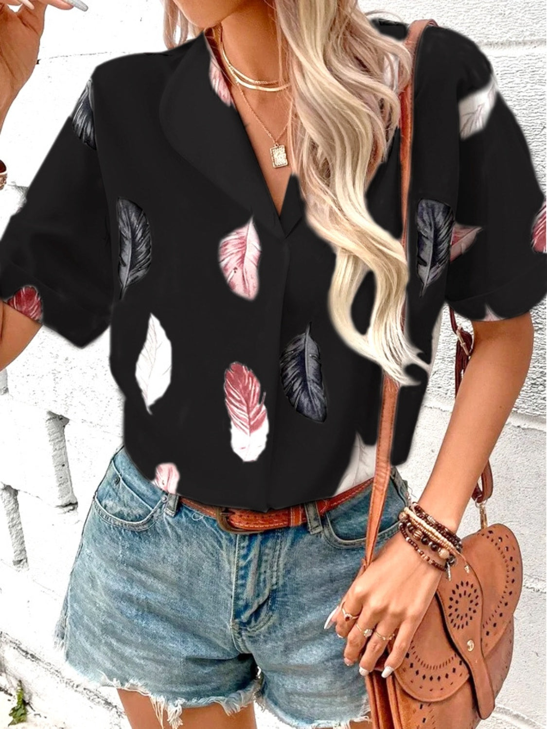 Full Size Printed Collared Neck Short Sleeve Blouse - Clothes For Her Online Store