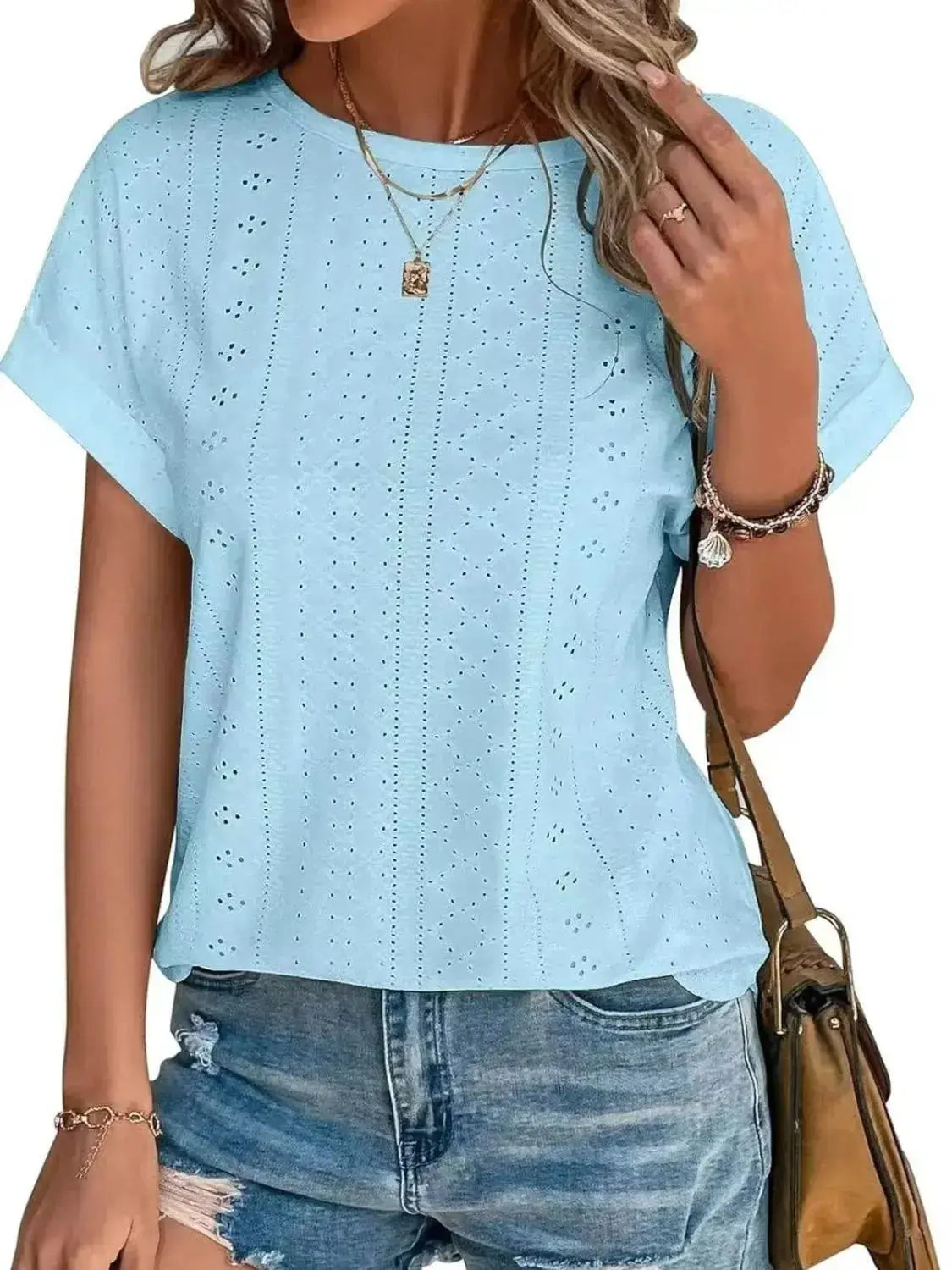 Eyelet Round Neck Short Sleeve Top - Clothes For Her Online Store