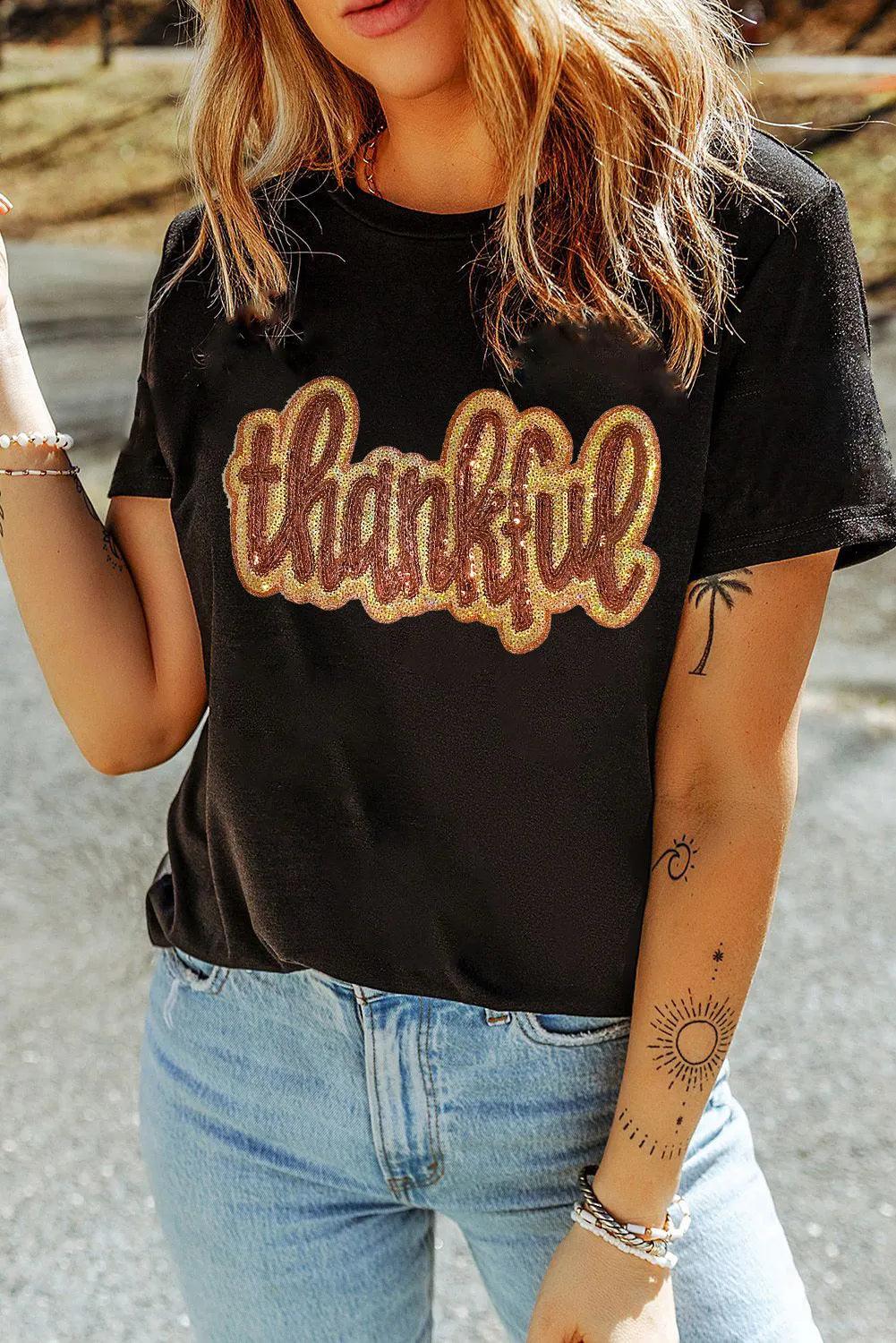 THANKFUL Sequin Round Neck Short Sleeve T-Shirt - Clothes For Her Online Store
