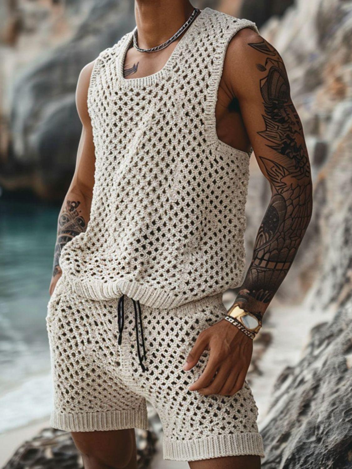 Men's Plus Size Hollow Out Round Neck Tank and Shorts Set - Clothes For Her Online Store