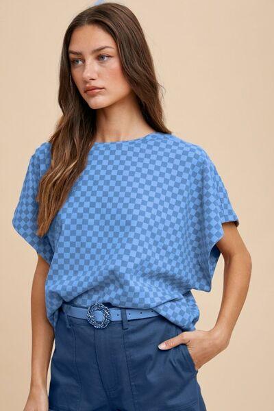 Annie Wear Checkered Round Neck Short Sleeve T-Shirt - Clothes For Her Online Store