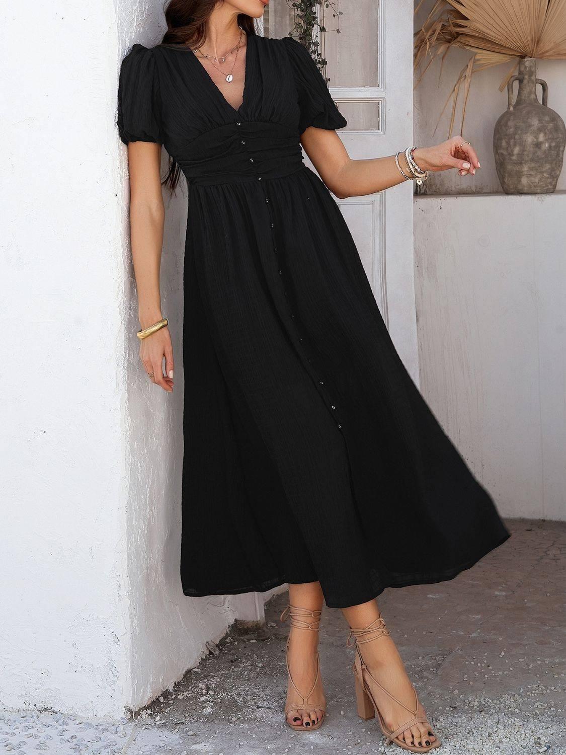 Devine V-Neck Puff Short Sleeve Midi Dress - Clothes For Her Online Store