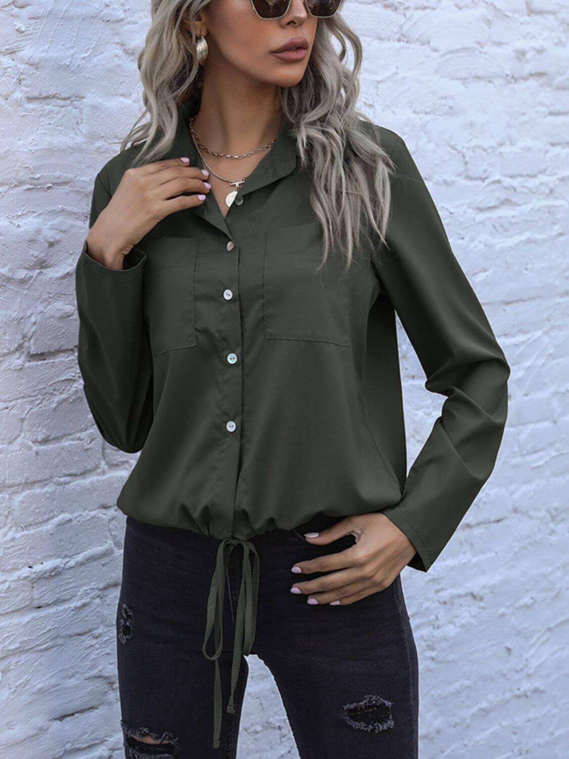 Perfee Tied Hem Button Down Long Sleeve Shirt - Clothes For Her Online Store