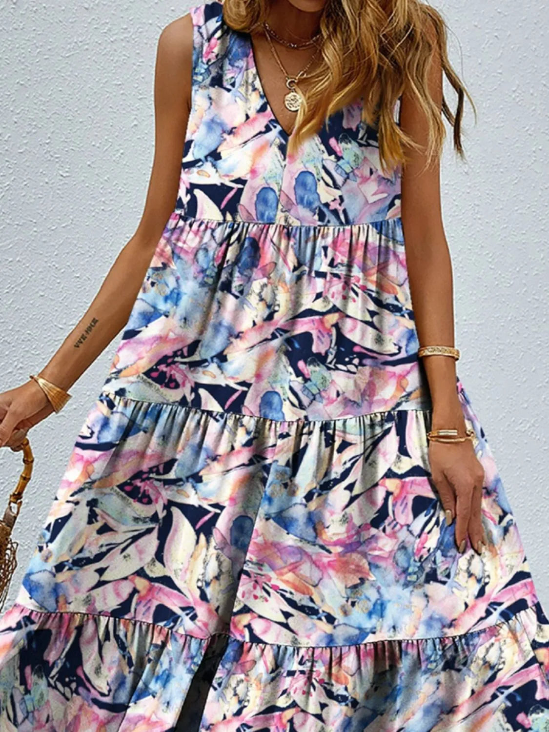 Printed V-Neck Tiered Maxi Tank Dress
