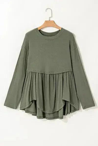 Plus Size Peplum Round Neck Long Sleeve Blouse - Clothes For Her Online Store