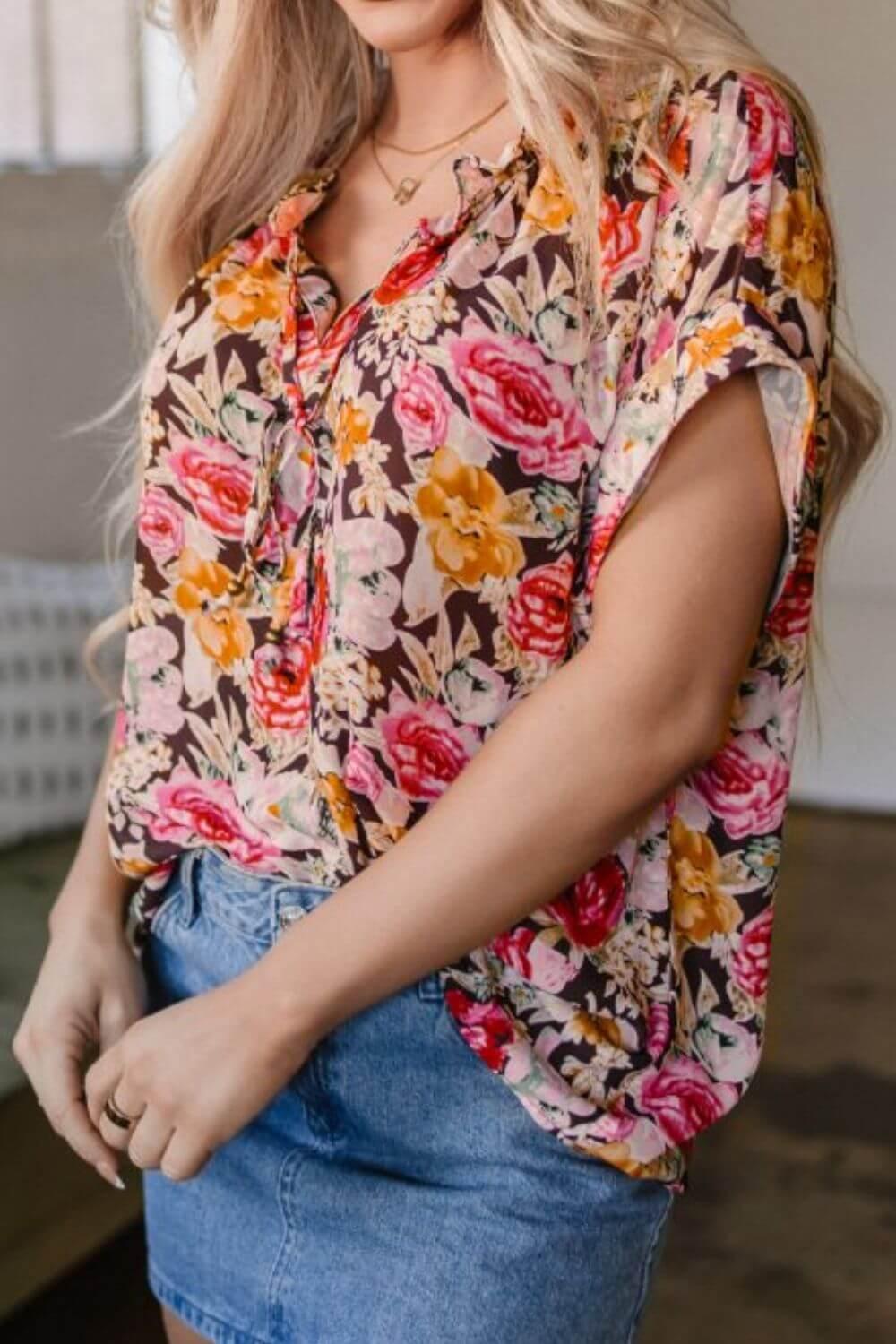 Floral Tie Neck Short Sleeve Blouse - Clothes For Her Online Store