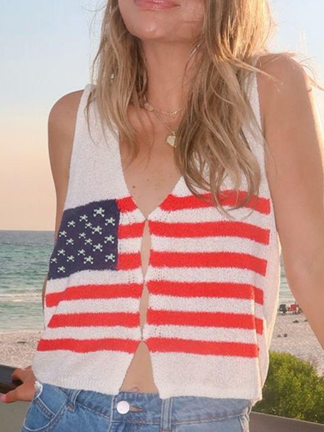 Devine US Flag Button Front V-Neck Sweater Vest - Clothes For Her Online Store