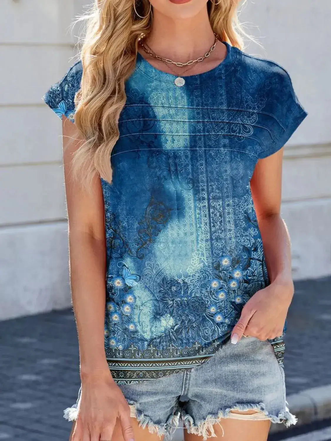 Printed Round Neck Cap Sleeve Top - Clothes For Her Online Store