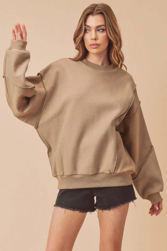 Aemi + Co Exposed Seam Round Neck Drop Shoulder Sweatshirt - Clothes For Her Online Store