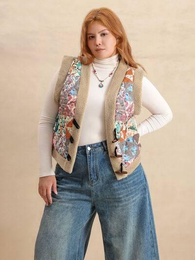 Plus Size Printed Sherpa Vest Coat - Clothes For Her Online Store