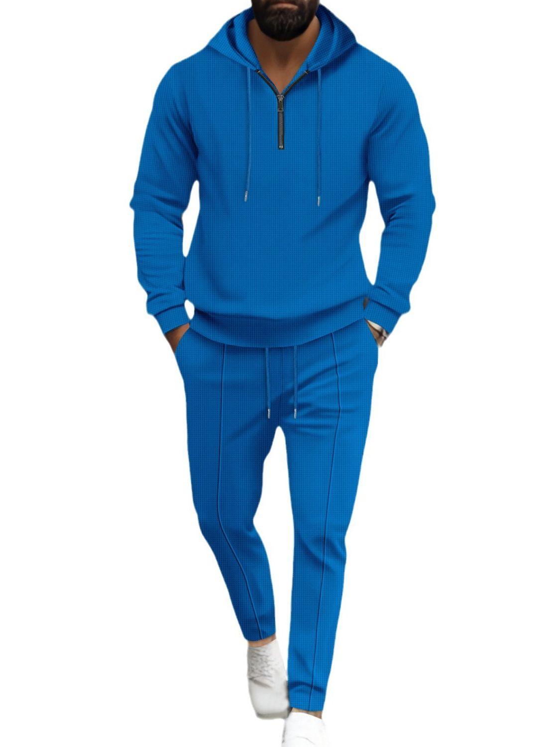 Men's Full Size Waffle-Knit Half Zipper Hoodie and Pants Set Plus Size - Clothes For Her Online Store